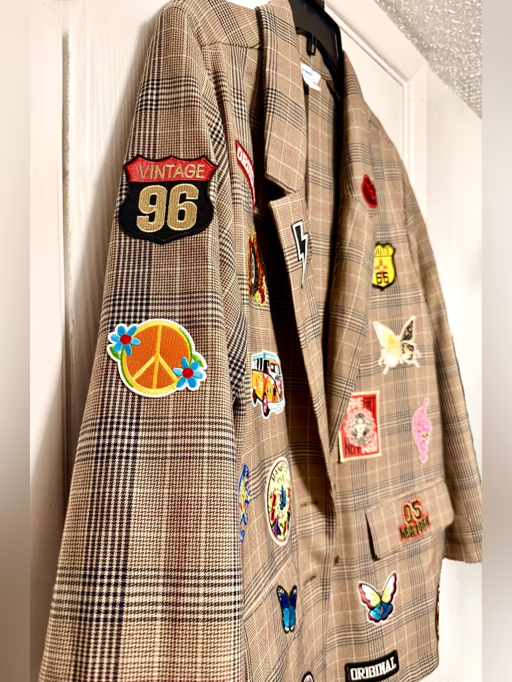 Upcycled Old Navy Plaid Blazer with Colorful Embroidered Patches - Picture 3 of 13